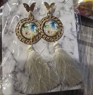 Butterfly Tassel Drop Earrings with Floral Cabochon - Gold and Cream